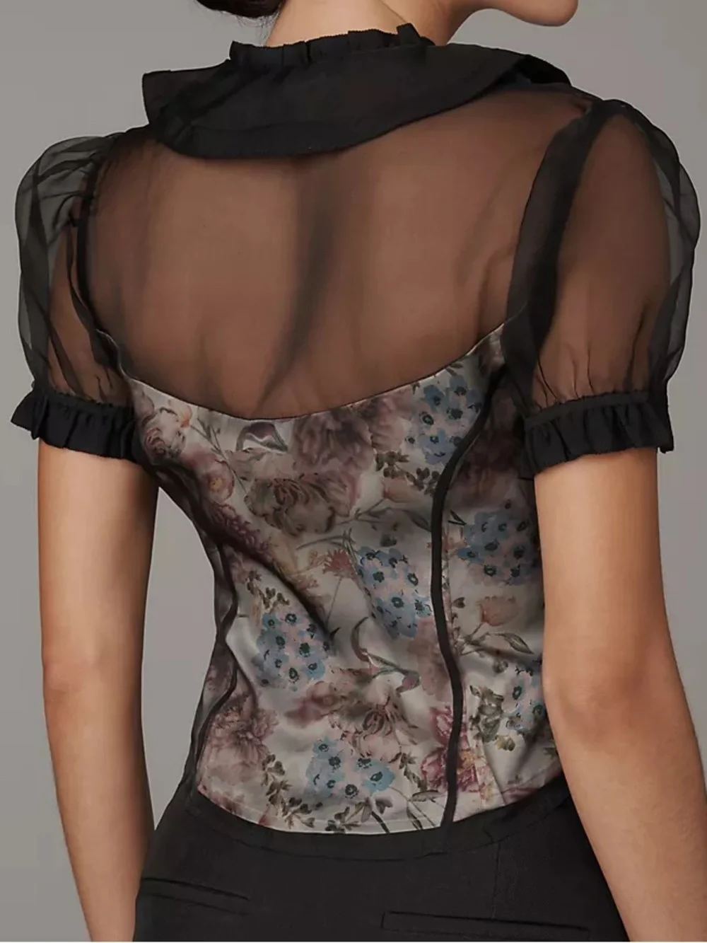Anthropologie Maeve Organza Sheer  Button-Down Top Lined Floral Print Corset M